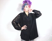 20% OFF VACATION SALE 80s Black Beaded Collar Lace Sleeves Blouse (L/Xl)