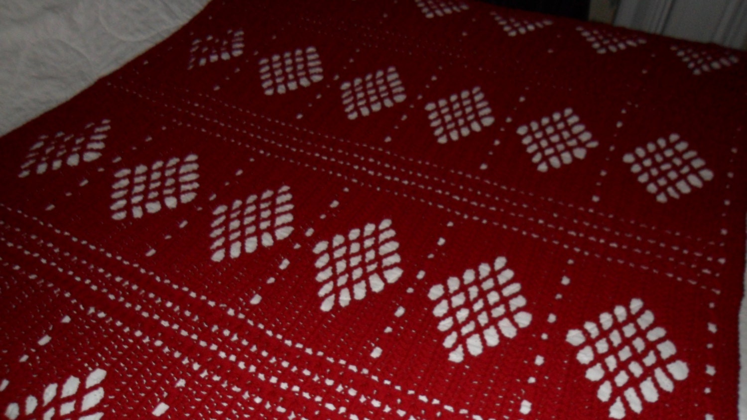 Large Hand Crocheted Afghan "DIAMONDS DESIGN' in Burgandy Cozy Blanket Throw
