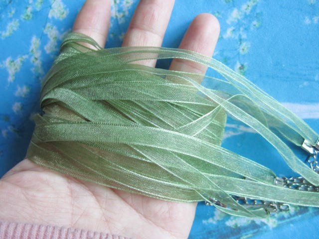 SAGE GREEN new handmade 15pcs 16-18 inch adjustable 7mm width 2 voile organza ribbon necklace cords with lobster clasps