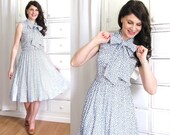 1960s Ascot Dress / Blue Dress / Floral Print Dress / 60s Dress