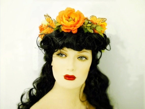 Monarch's Alight- Monarch butterfly crown with orange primrose and wild flowers