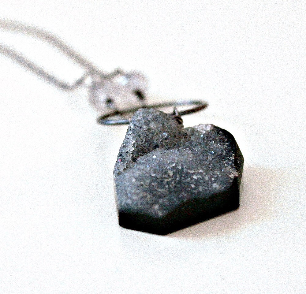 Druzy Necklace Grey Drusy on Dark Black Oxidized Sterling Silver Chain, Nebula- OOAK