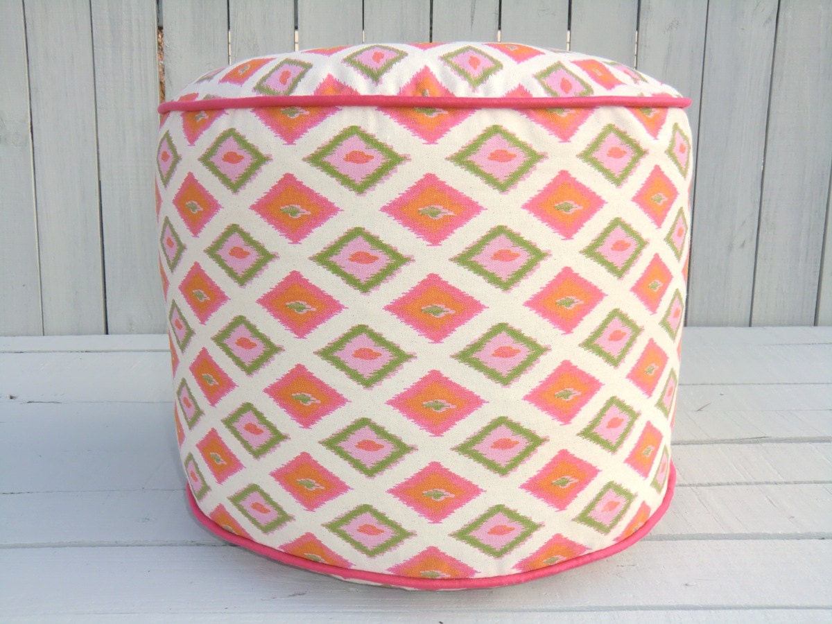 Ikat pouf ottoman, round ottoman 18", nursery pouf, pouffe, bean bag chair, ikat ottoman, pink floor cushion,pink pouf