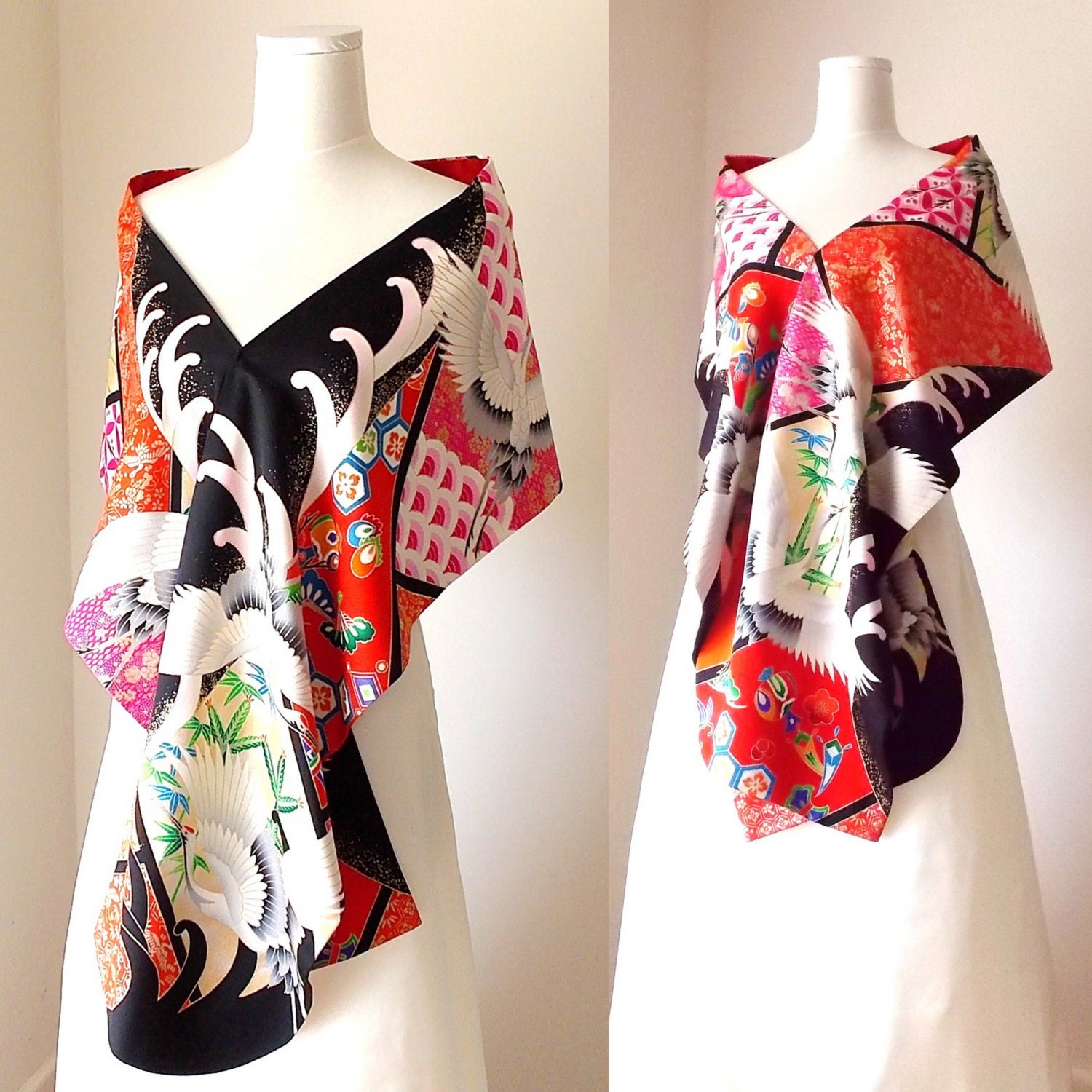 Vintage KIMONO Wedding shawl GEISHA black red white pink geometric wave flowers crane made to order
