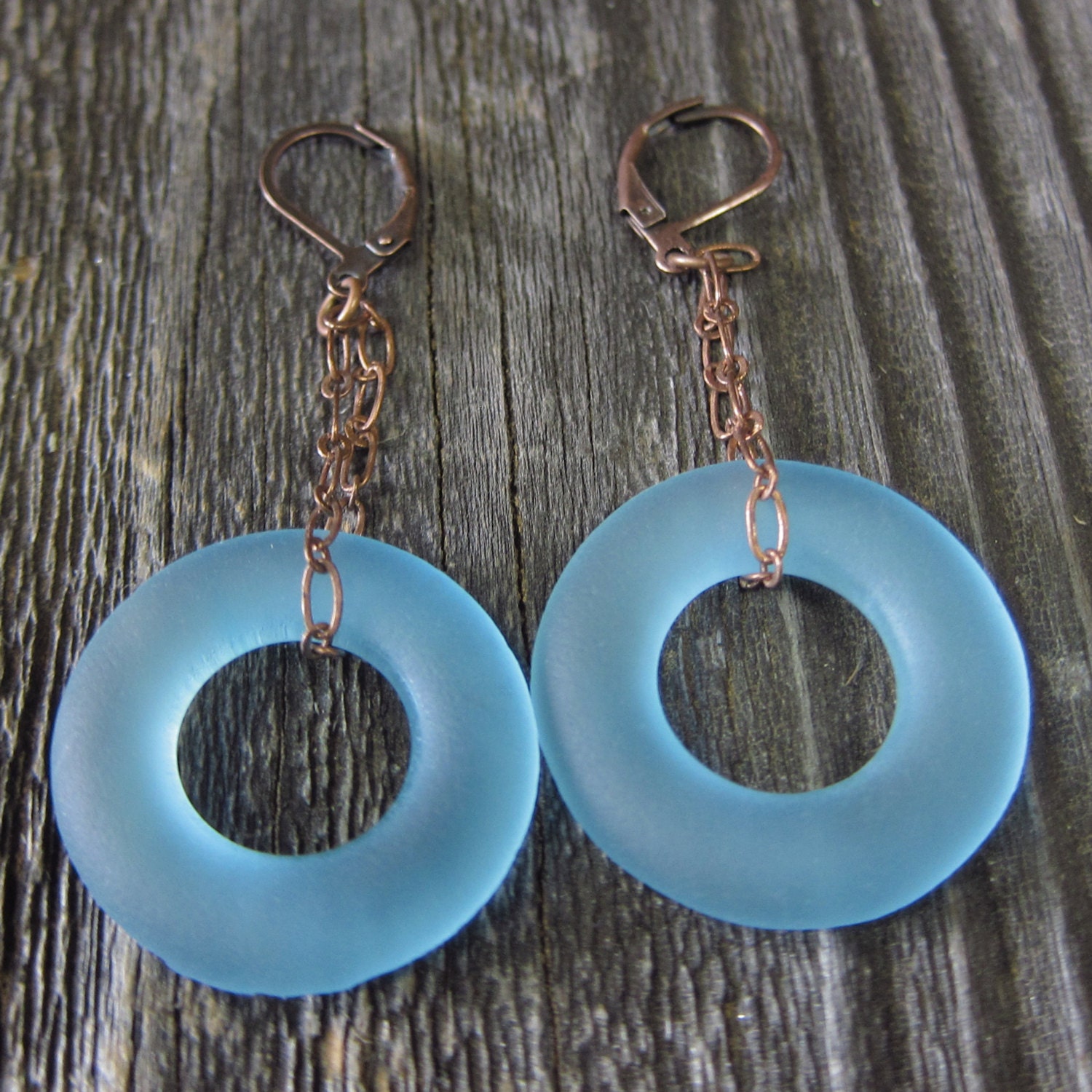 Bombay Sapphire Gin Bottle Copper Dangle Earrings, sea glass