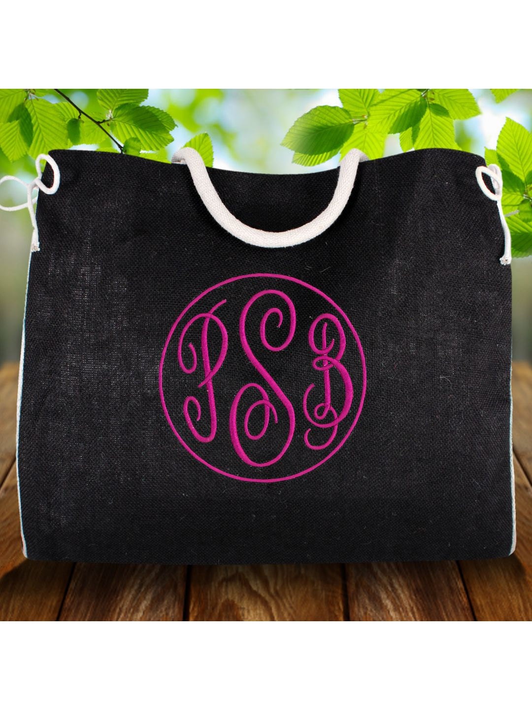 Black Jute burlap Large Tote Bag Purse  Personalized Beach Shopper  Monogogram Bridesmaid Bride Birthday Mothers Day