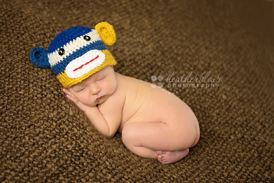 Starry Night Sock Monkey Beanie - Newborn or 0-3 Month Size - Photography prop