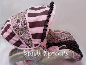 Custom Boutique Pink & Chocolate Paisley Stripe/Chocolate Minky Infant Car Seat Cover 5 Piece set