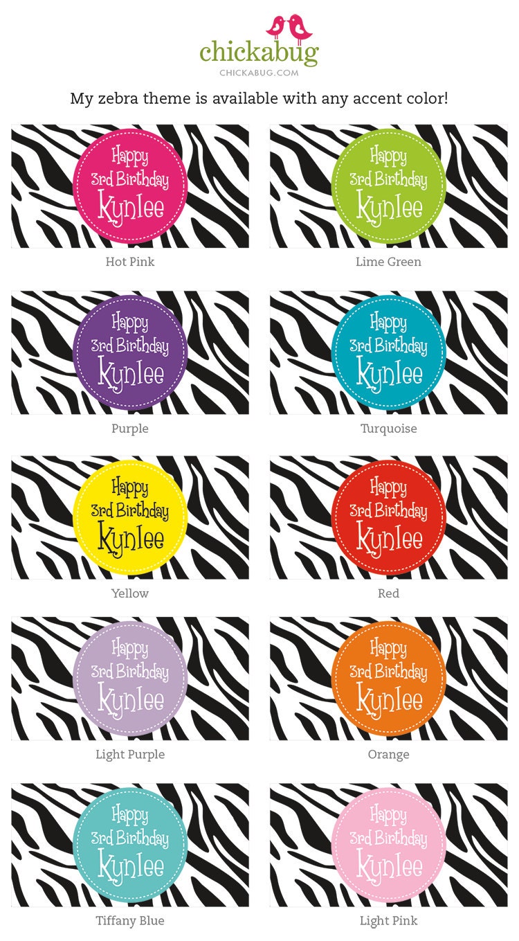 Zebra party in ANY COLOR - Personalized DIY printable buffet cards or place cards