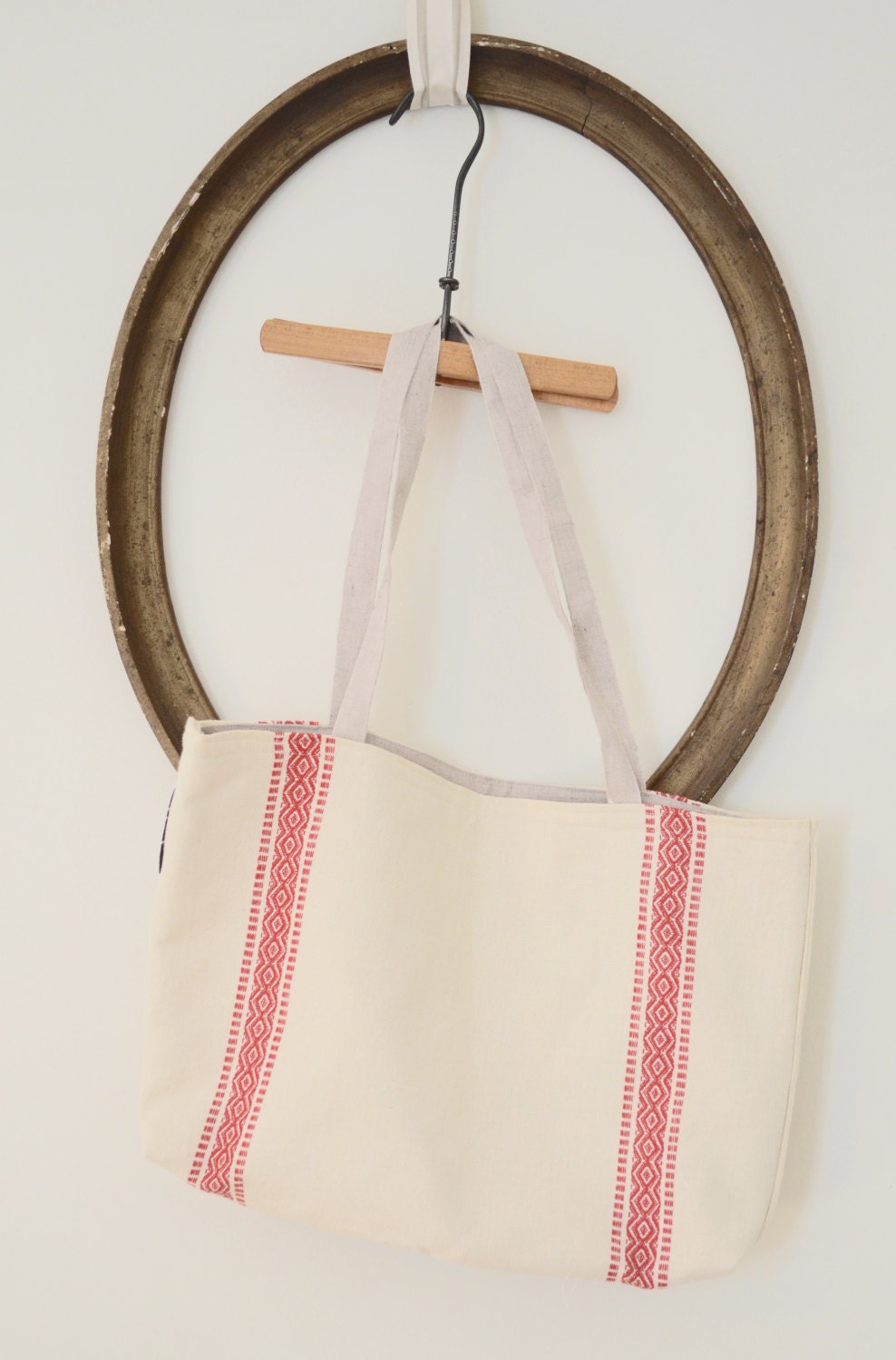 Tote with Linen Ribbon handles Cream and Red Swedish Look