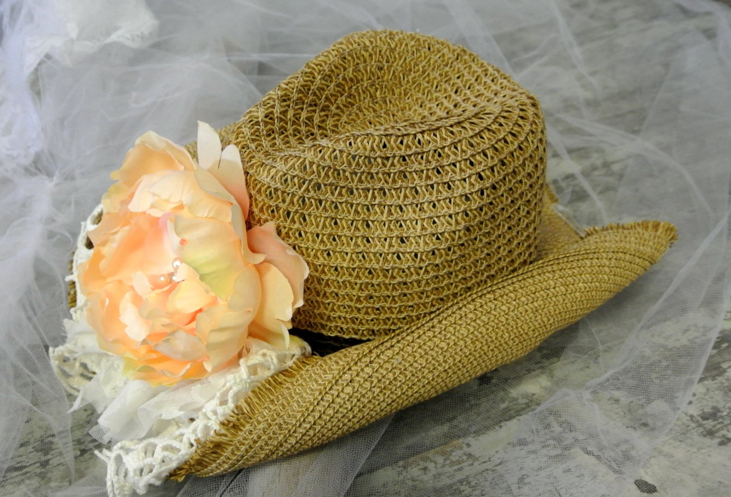 Women's cowboy hat, shabby embellished, cottage chic, gypsy cowgirl, boho chic straw hat, western, true rebel clothing