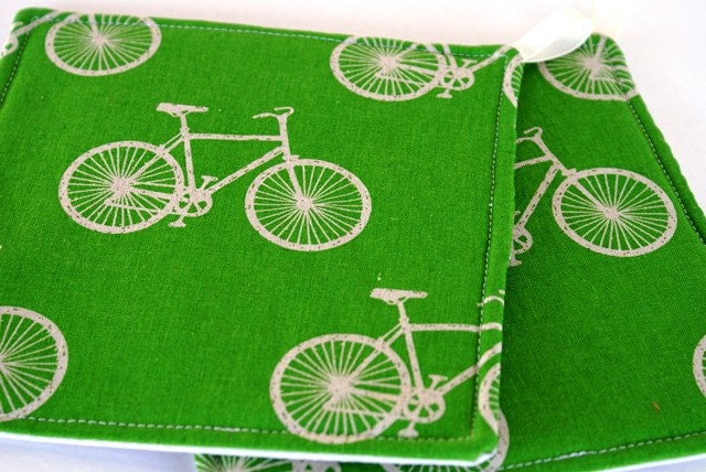 Green Bike Canvas Quilted Potholder Set