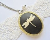 Dragonfly Locket, Pearl Charm, Summer Fashion Long Chain Necklace Great Gift for Mom Sister Friend