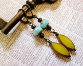 yellow and blue make pretty.  czech glass dangle earrings.