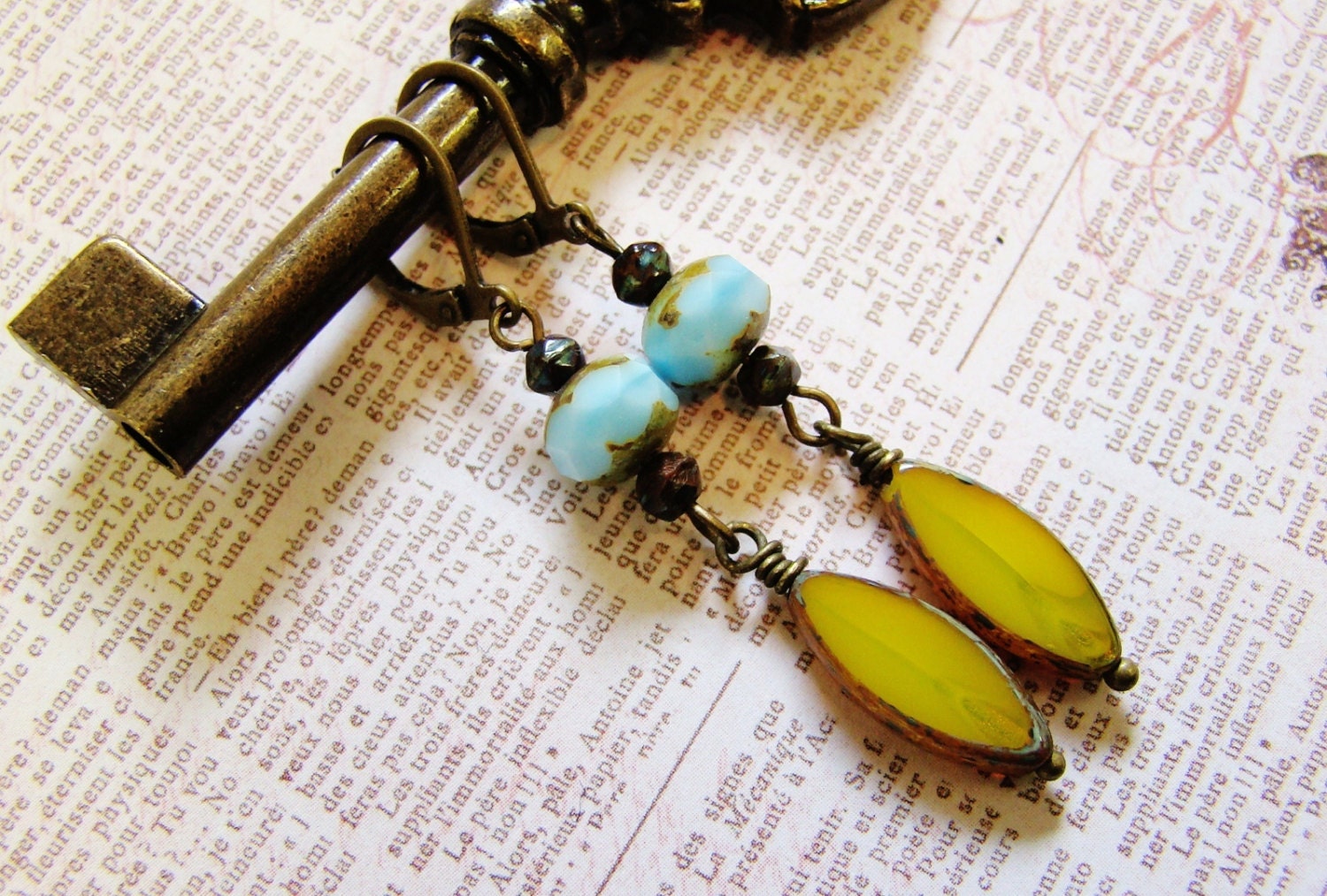 yellow and blue make pretty. czech glass dangle earrings.