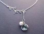 Birthstone Necklace, Silver Branch with Jewel and Pearl, Lariat Necklace, Bridesmaid Necklace, Personalized Necklace, Bridal Jewelry
