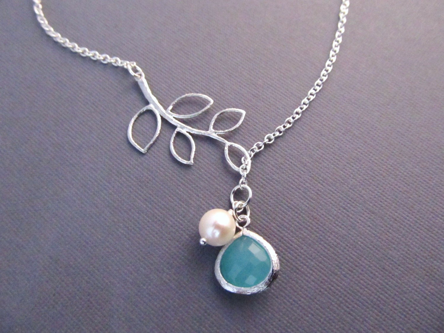 Bridesmaid Gift, Silver Branch with Jewel and Pearl, Birthstone Necklace, Bridesmaid Necklace, Personalized Necklace, Bridal Jewelry
