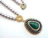 Green, gold, silver and black beadwoven necklace