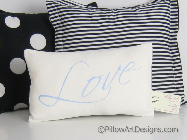 Love Pillow White Linen Aqua Blue 8 X 12