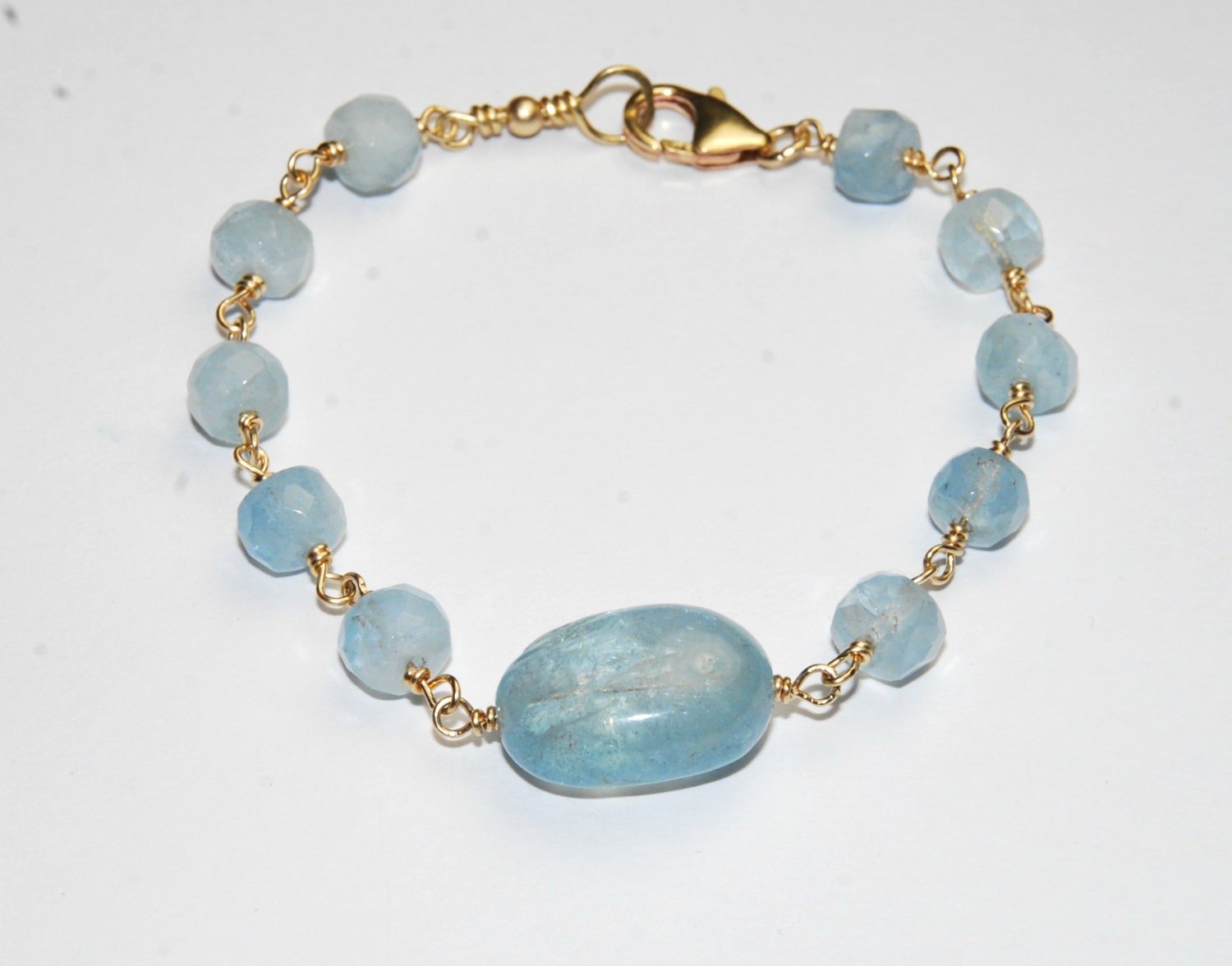 Aquamarine Gemstone Bracelet - Light Blue Jewelry - March Birthstone - Wire Wrapped Stone