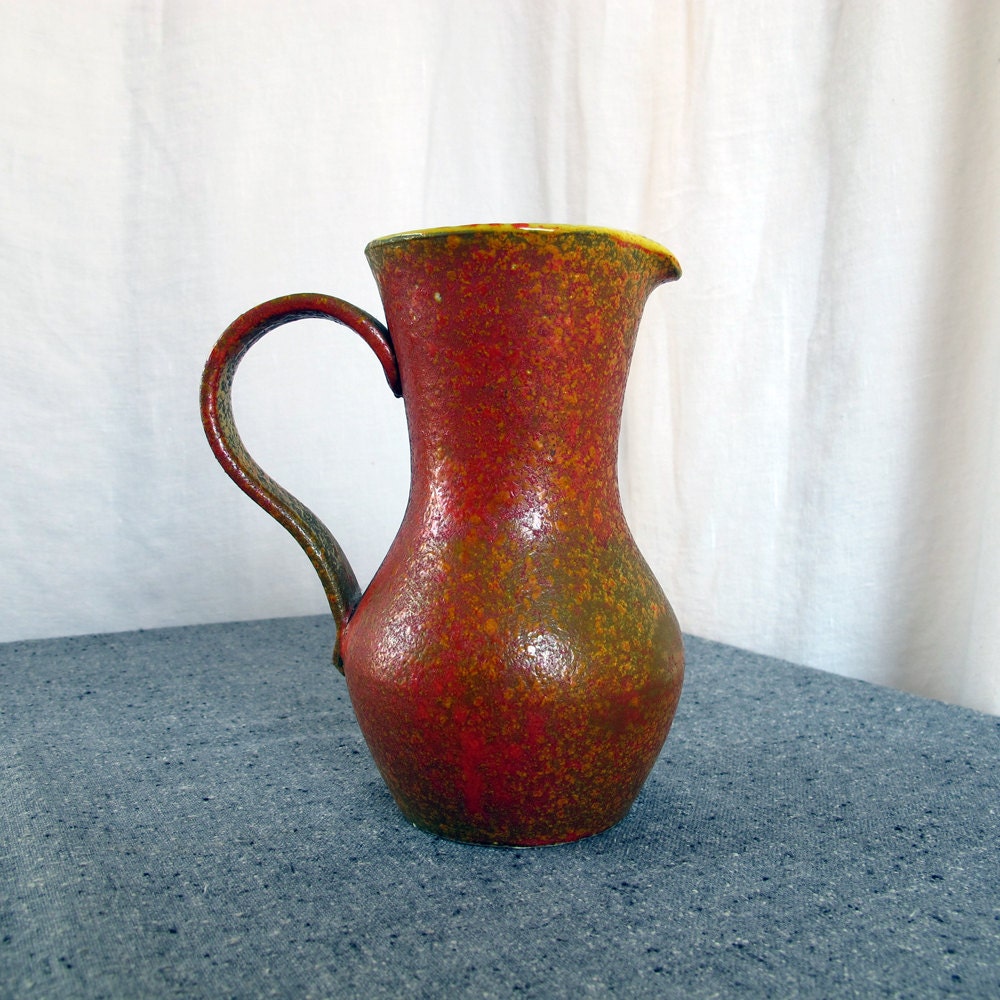 Pitcher Thrown Pottery Midcentury Italian Majolica Signed Lava Glaze Red 1950s