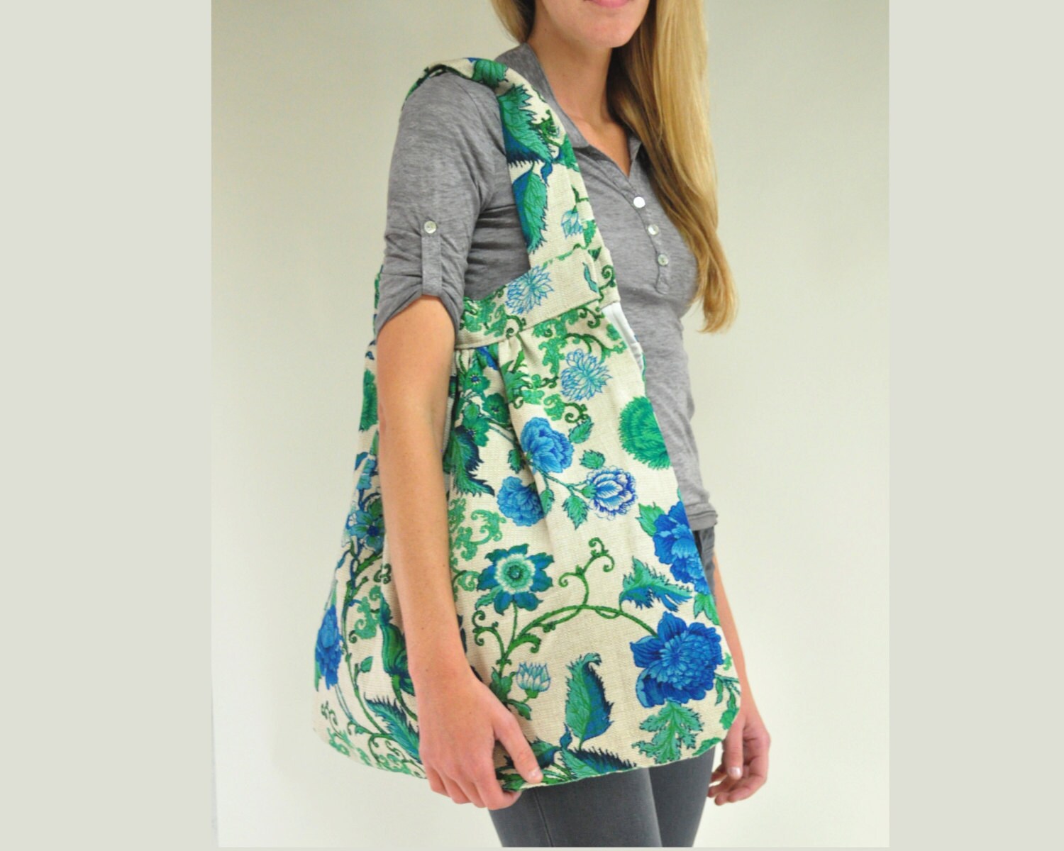 Giant Slouch Bag Purse Handmade -Vintage Teal Blue Flowers- super strong