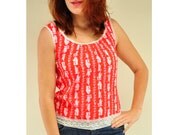 Vintage Cotton Fabric Blouse Top  XS  embroidered white cotton trim red goddess muse