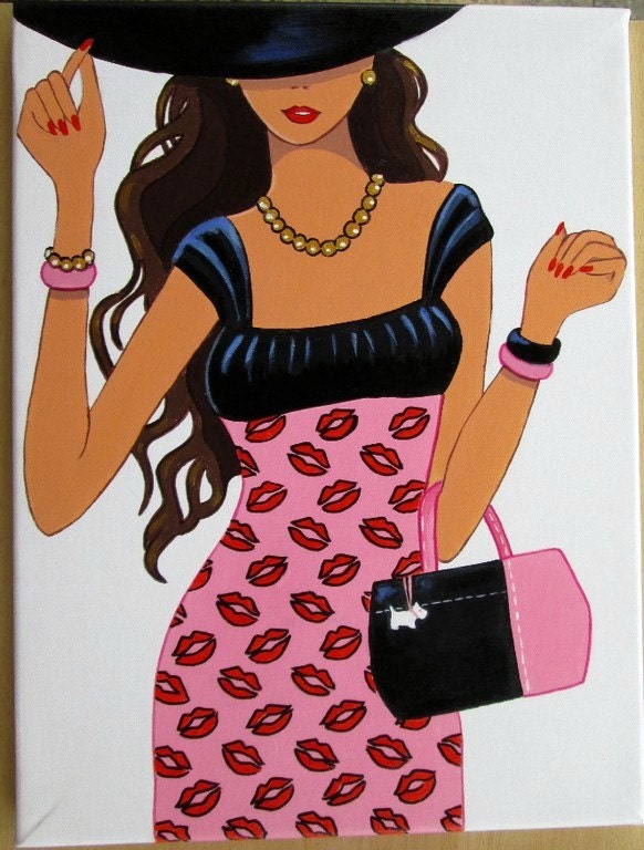 Original Painting Fashion Girl Pink black kiss lips dress hat Radley handbag bag by Julie Barry