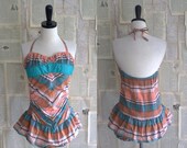 SALE Vintage 1940s Bathing Suit Romper 40s Cotton One Piece Plaid Ruffled Swimwear Womens Size Medium