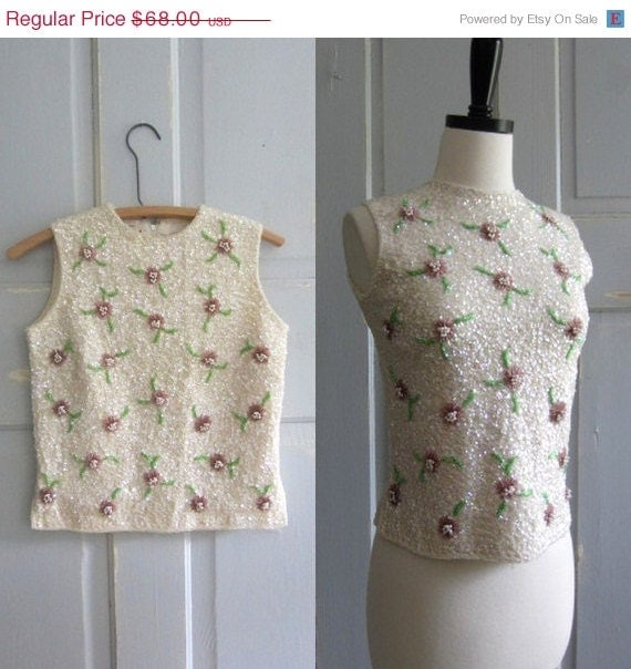 SALE Vintage Beaded Shell 1960s Sequined Top Semi Formal Party Top Sleeveless Womens Size Small