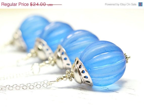 25% Off Sale Blue Beaded Necklace, Vintage Beads on Sterling Silver, Sapphire Blue Jewelry, September Birthstone