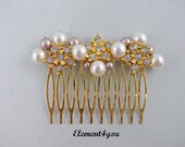 Gold hair comb Wedding bridal hair piece Swarovski ivory champagne pearls rhinestone flower gold fascinator veil tiara Fall wedding