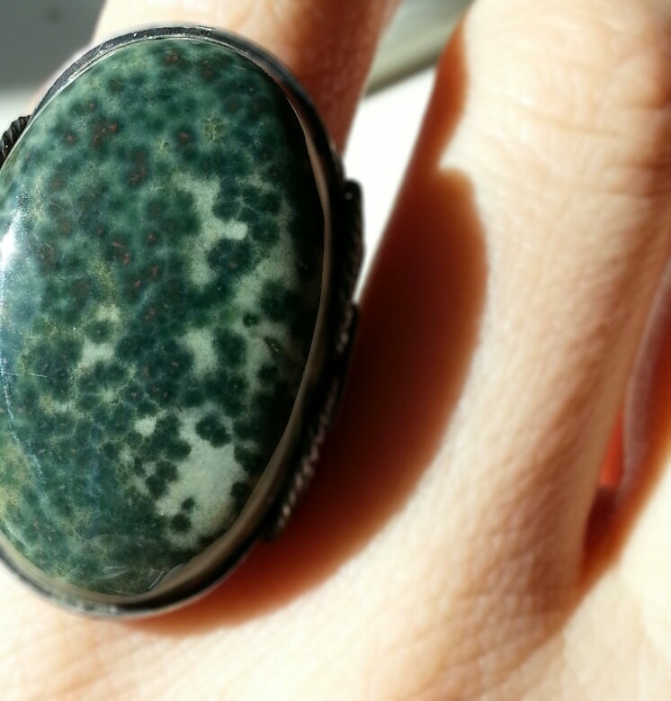 Ocean Jasper Ring, Big Green Stone, Sterling Silver, Sea Green, Large Unique Ring, Dark Green, Natural Gemstone Cabochon, Custom Handmade