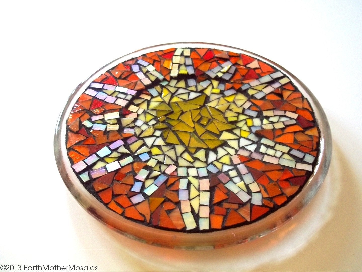 Stained Glass Mosaic Plate: Mosaic Trivet, Mosaic Sun, Mandala, Yellow, Orange, Hippie, Bohemian