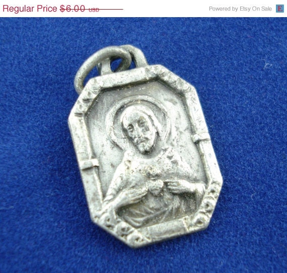 On Sale 25% Off Vintage Sacred Heart of Jesus - Our Lady of Mount Carmel Catholic Medal - Jesus Charm MM69