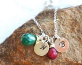 RESERVED FOR ANA- two custom hand stamped sterling silver initial charm necklaces with birthstones