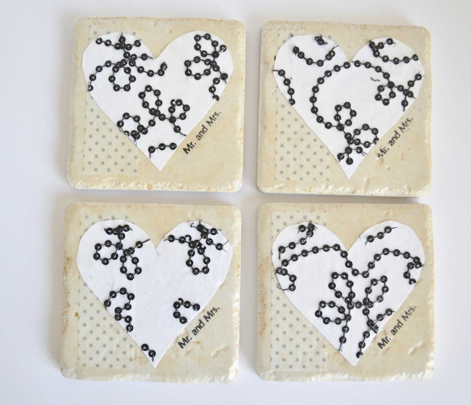 Mr. and Mrs. Heart Coasters-Wedding/Shower/Couple gift by burlap and blue