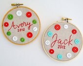 Personalized Christmas Ornaments/Custom Children's Gift-Button and Linen Embroidery Hoop by burlap and blue on Etsy