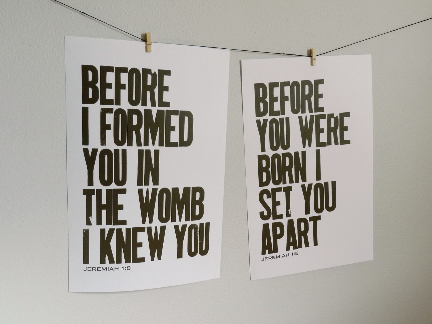 DARK BROWN Modern Children and Nursery Decor , Religious Art Posters, Set of 2, Jeremiah 1:5, Letterpress Prints, 11x17