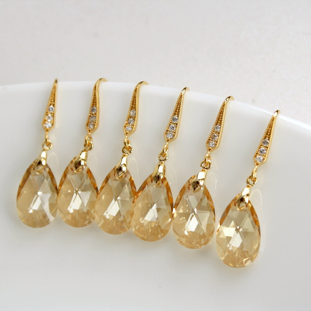 Bridesmaid Earrings SET of 3 Wedding Jewelry Bridal Earrings Teardrop CZ with Swarovski Golden Shadow Crystal Gold Bridesmaid Jewelry