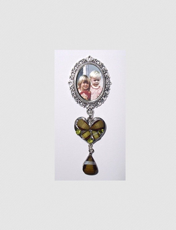 Memorial Photo Brooch Silver Sage Green Heart Crystal Gems  - FREE SHIPPING