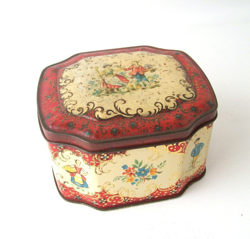vintage red candy tin box flowered floral container metal mid century modern flower square colorful bright