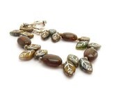 Earthy Jasper Bracelet, Czech Glass Leaves, Amber Brown, Olive Green,  Sterling Silver Toggle, Woodsy, Rustic Jewelry