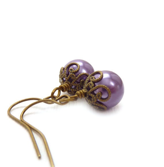 Classic Pearl Earrings: Lilac Pearl Drop Earrings, Romantic Victorian Style Earrings, Lavender, Petite Bridal Jewelry