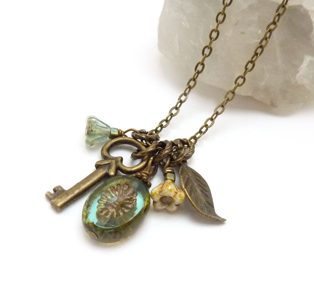 Skeleton Key Necklace, Moss Picasso Glass Heart, Bronze Leaf, Victorian Style Romantic Necklace, Boho Chic