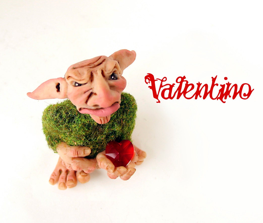 Valentino the Sweetheart Grumpus Gnome Art Doll - Swarovski Red Crystal Heart - Handmade and Hand Painted Terrarium or Houseplant Figurine