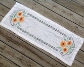 Vintage Handmade Golden Yellow Floral Cross Stitch Linen Table Runner
