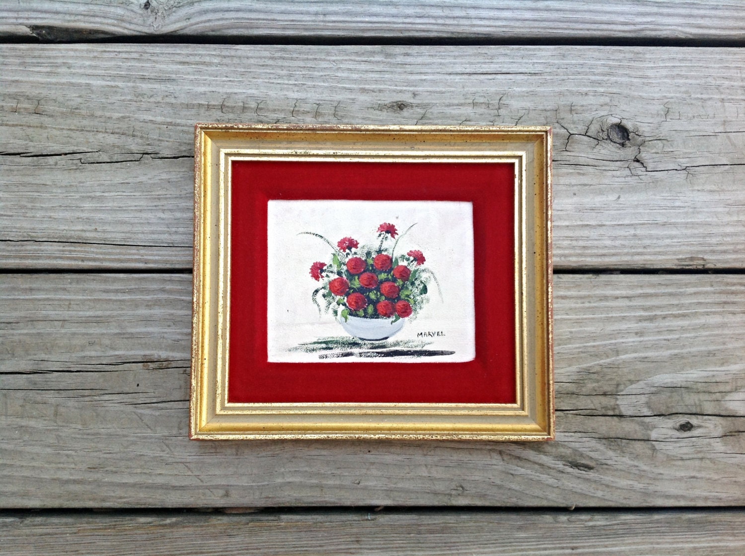 Vintage Framed Miniature Red Floral Still Life Painting Signed Original