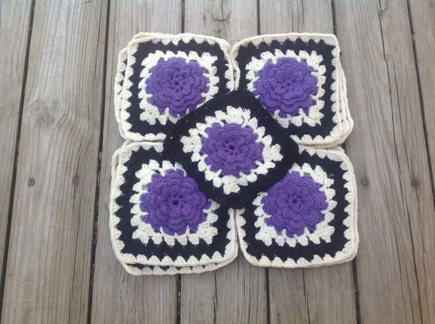Vintage 20 Completed Purple Raised Rosette Crocheted Black and White Granny Squares