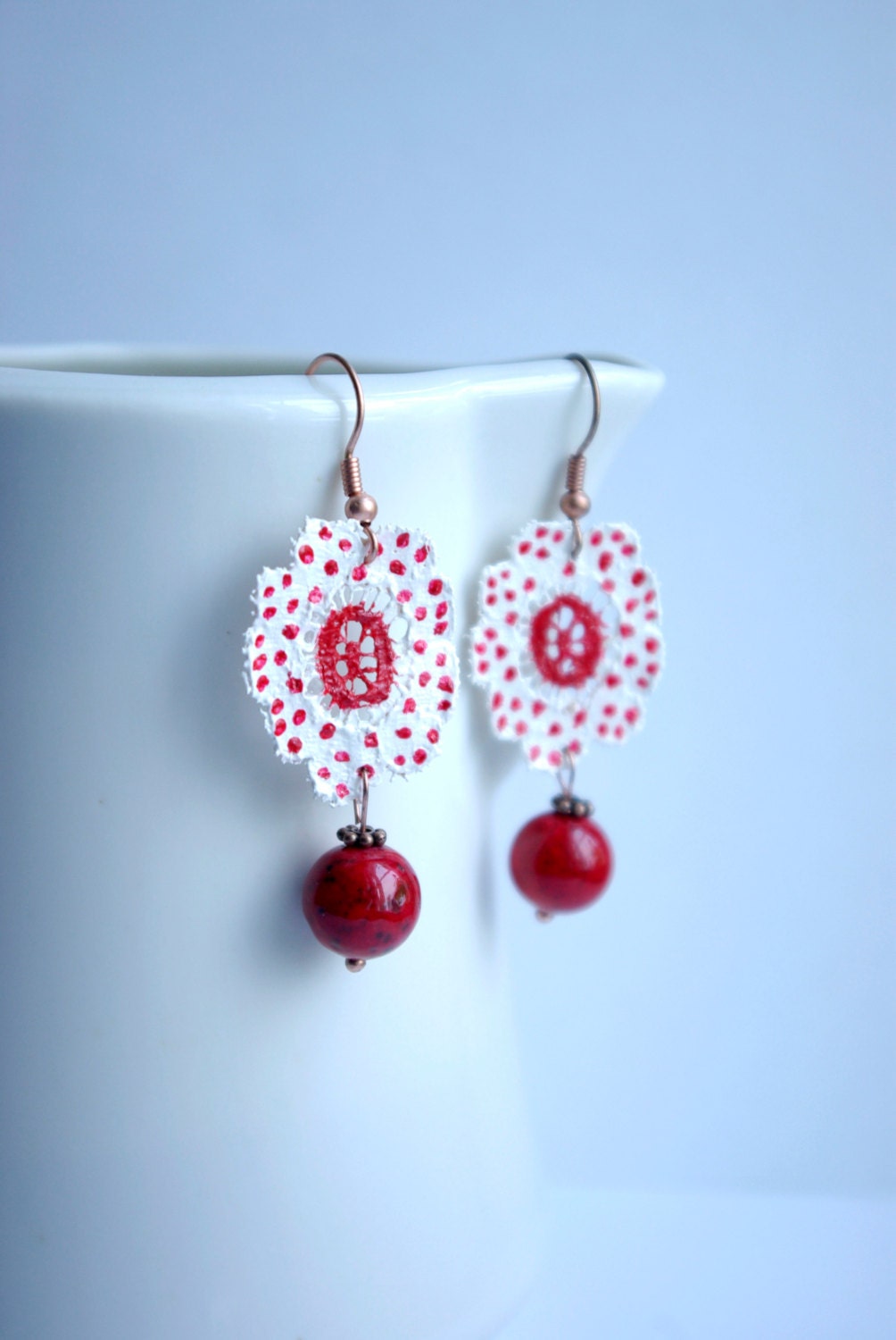 Red Lace Copper or Silver Earrings, Red and White Polka Dot, Vintage Retro Style, Fabric Flower Earrings. Personalized Earrings